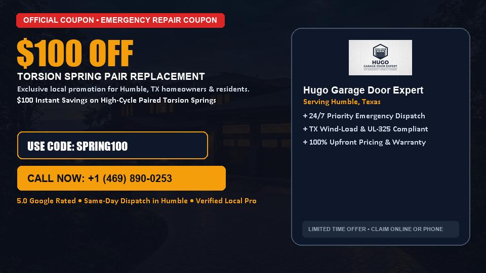 $100 OFF Dual High-Cycle Torsion Spring Replacement in Humble, TX - Hugo Garage Door Expert